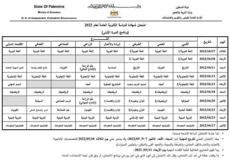 جدول امتحانات الثانوية العامة التوجيهي 2022 في الاردن